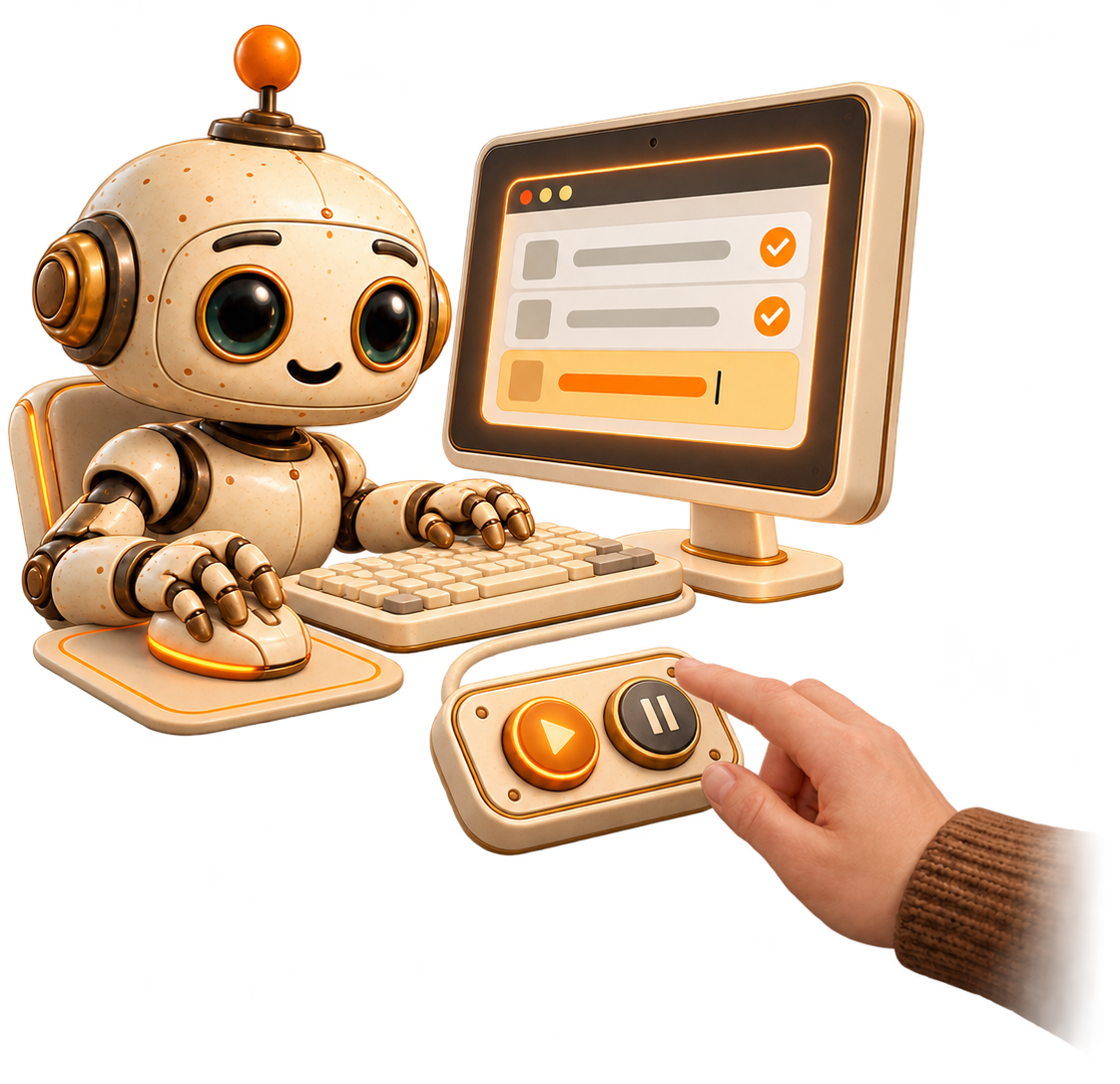 Dusty typing at a computer while a person's hand rests on its pause button